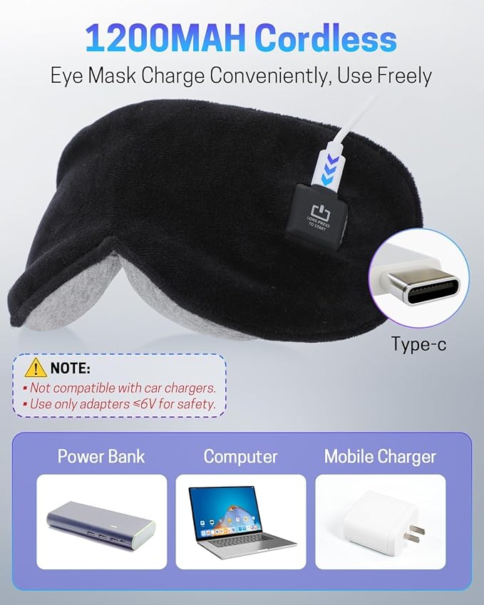 Heated Eye Mask for Dry Eyes, Stye Relief and Improved Sleep - Cordless Rechargeable Warm Compress with Graphene Heating, 3 Temp Settings, Auto Shut-Off, Washable Sleep Mask for Travel