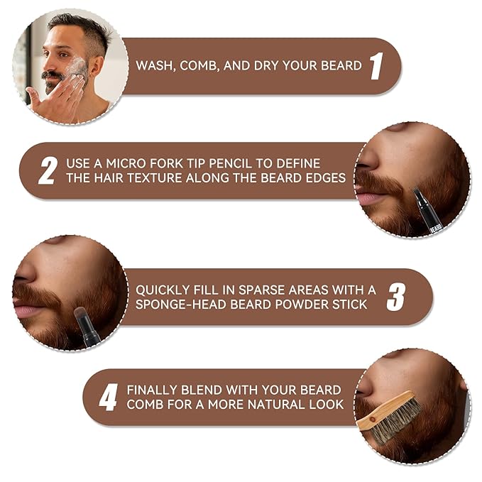 KGAJSGH Men's Beard Pencil & Powder Stick, Micro Fork Tip Beard Filler, Waterproof Beard Color Pen for Natural Looking Beard Mustache, Eyebrows, Hairline Coverage, Waterproof