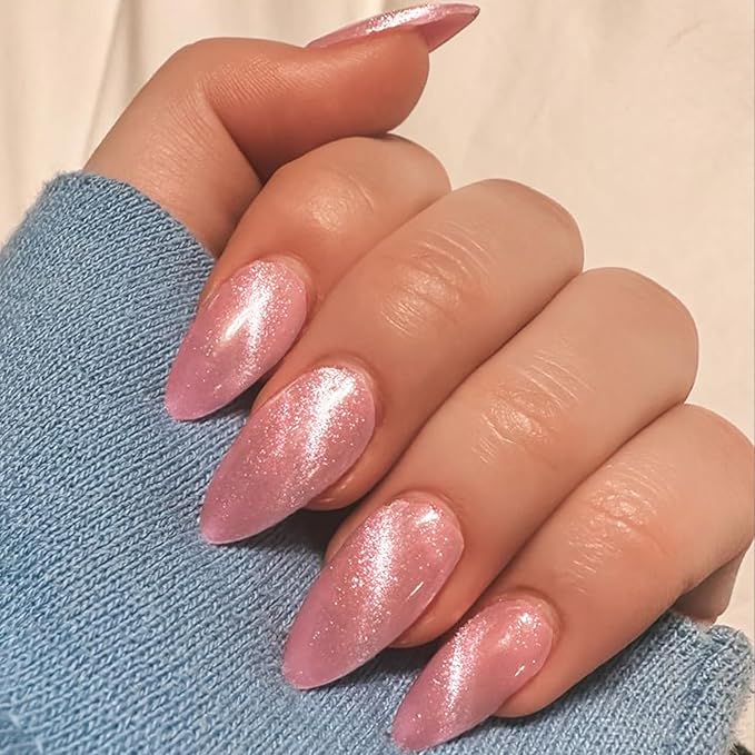 GLAMERMAID Pink Press on Nails Medium Almond, Hamdmade Cat Eyes Jelly Magnet Gel False Nals, Stiletto Shrimmer Glue on Nails Kit for Women, Reusable Short Oval Stick on Acrylic Fake Nails Manicure Set
