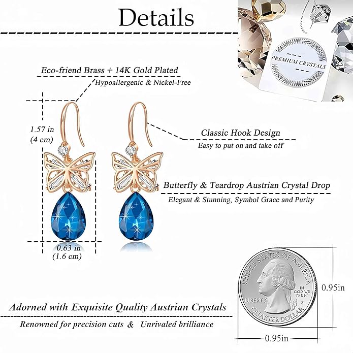 Austrian Crystal Teardrop Butterfly Drop Dangle Earrings for Women 14K Rose Gold Plated Hypoallergenic Jewelry