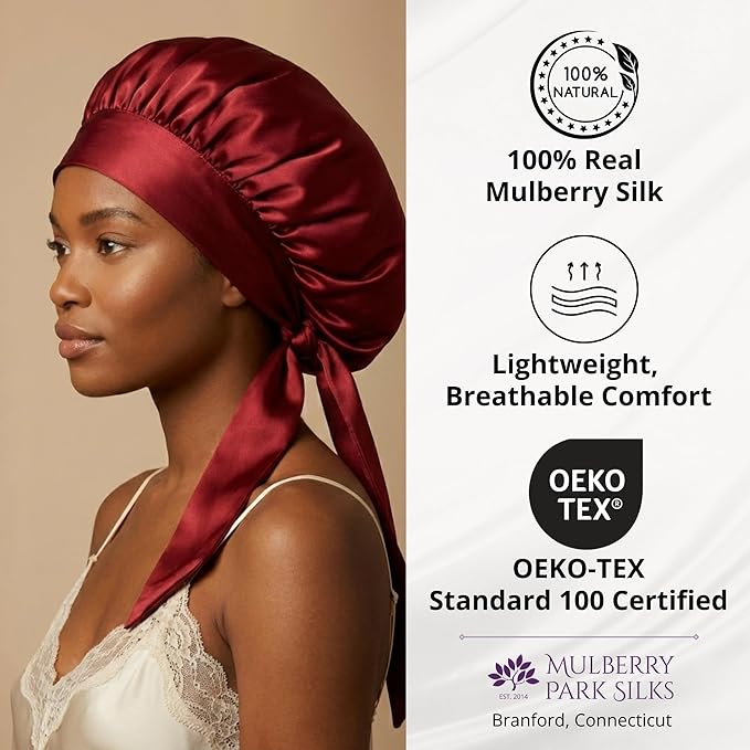 100% Mulberry Silk Hair Sleep Bonnet - Reversible Sleep Bonnet for Women, Wide Band Adjustable Tie, Night Cap for Curly Hair