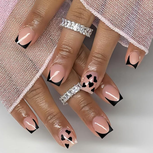 Short Press on Nails Square - Black French Tip Fake Nails with Heart Design - Full Cover Stick on Nails Press ons - for Women Manicure 24 Pcs