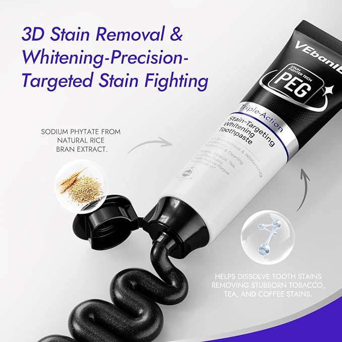 VEbanlER Stain-Targeting Teeth Whitening Toothpaste,Natural Deep Remover Stain, Plaque&Bad Breath,3D White with Charcoal,Fluoride Free,Non Toxic,for Adults, Kids and Sensitive Teeth.3.57oz.