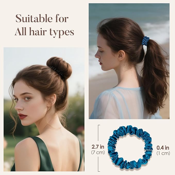 LULUSILK Small Silk Hair Ties No Damage, 100% Real Mulberry Silk, Skinny Scrunchies Ponytail Holders for Thin Fine Hair, Pink Peacock Blue and Lavender, Pack of 3