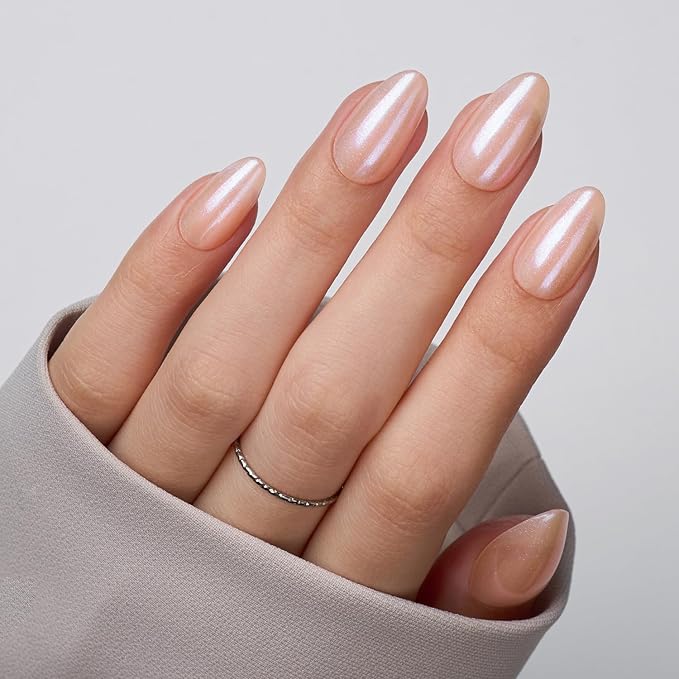 VSALON Press On Nails Short Almond, 32 Pcs 16 Sizes Nude Pink Shimmer Chrome Neutral Fake Nails With UV Cure Glue, Glossy Aurora Glazed Donut Reusable Stick On Nails False Nails Fall Gift For Women