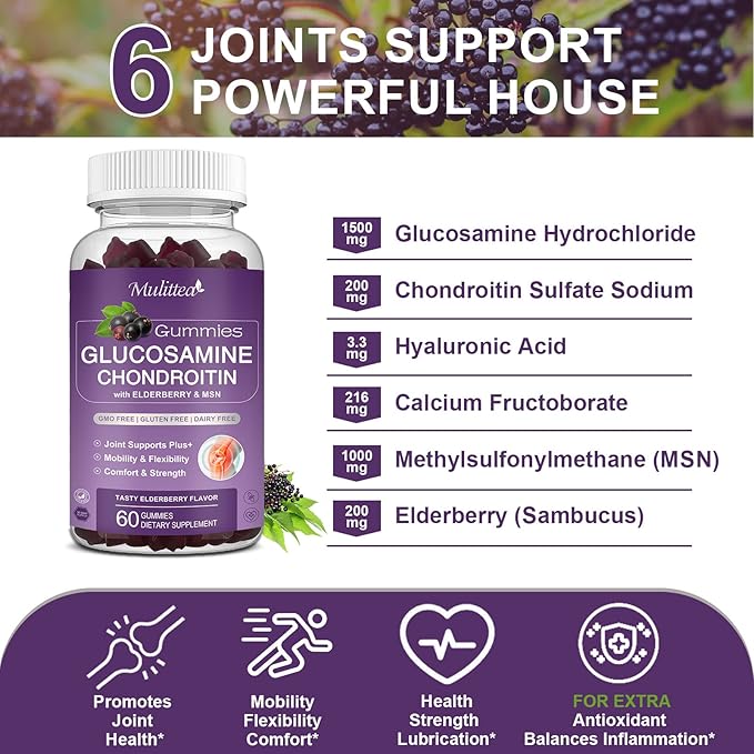 Mulittea 3 Pack Glucosamine Chondroitin Gummies MSM Elderberry Calcium- Extra Strength Joint Support Supplement for Relief. Antioxidant Immune Support for Adults Men Women