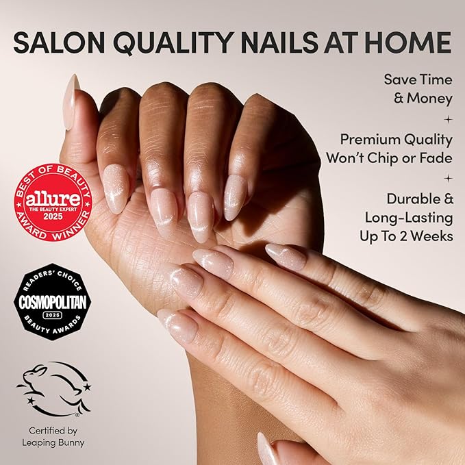 Glamnetic x GLAMZILLA Press On Nails - NOT YOUR CINDER-ELLA | Short Almond Nude Fake Nails with Velvet French Tip Effect, Salon Quality Wedding Nails | 15 Sizes - 30 Nail Kit with Glue