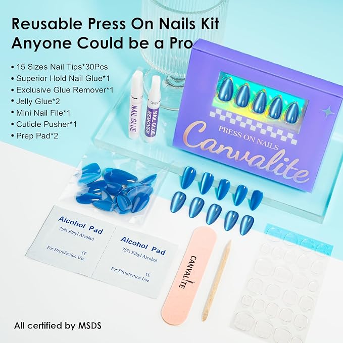 Canvalite Short Almond Press On Nails, 30Pcs Press on Nails Cat Eye Reusable Acrylic Fake Nails with Glue & Glue Remover Easy to Use Manicure Kit for Women, Blue