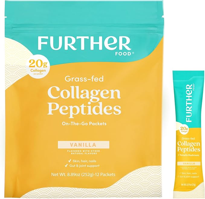 Further Food Vanilla Collagen Peptides Powder, 12 Stick Packs – 100% Grass-Fed, Hydrolyzed Type 1 & 3, 20g of Collagen per Serving, Supports Skin, Hair, Nails & Joints, 8.89 Oz