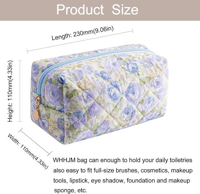 Cute Floral Makeup Bag Small Cotton Quilted Cosmetic Bag, Aesthetic Essential Bag Emergency Bag Gift for Women Girls Travel Accessories (Blue Rose)
