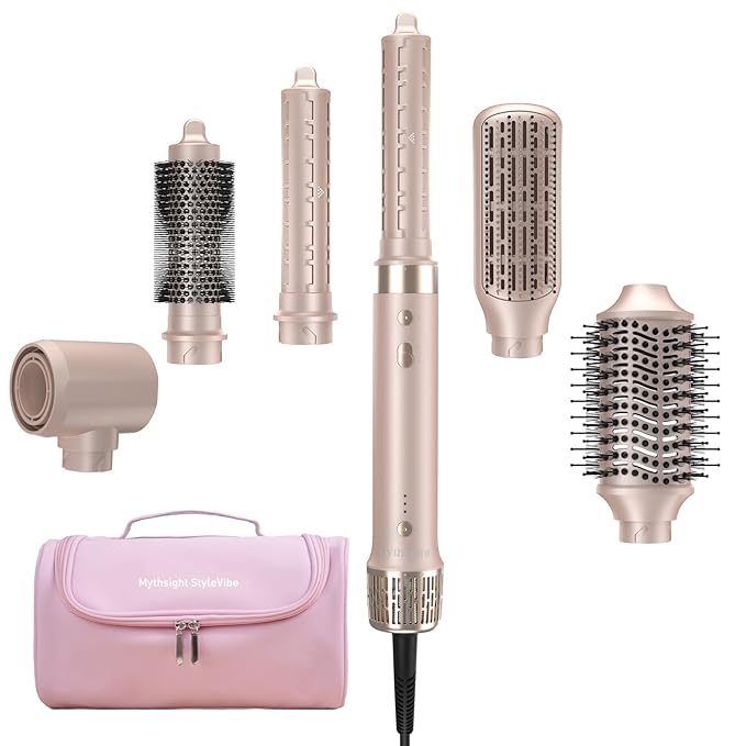 Mythsight StyleVibe 6-in-1 Air Styler, Hair Dryer & Blow Dryer Brush with Travel Case - Auto Wrap Curls (L/R), Fast Drying, Thermal Round Brush for Smooth Blowouts & Frizz-Free Volume, No Heat Damage
