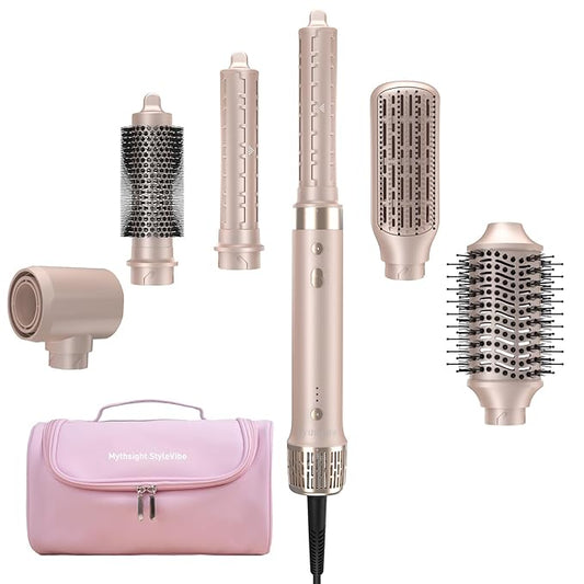Mythsight StyleVibe 6-in-1 Air Styler, Hair Dryer & Blow Dryer Brush with Travel Case - Auto Wrap Curls (L/R), Fast Drying, Thermal Round Brush for Smooth Blowouts & Frizz-Free Volume, No Heat Damage