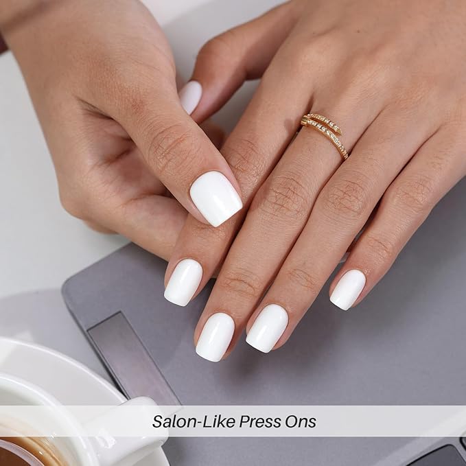 SHANGMENG White Press on Nails Short - Soft Gel Valentine Square Press on Nails for Women Gift, Fit Perfectly & Natural Glue on Nails in 16 Sizes - 32 Reusable Fake Nails Kit with Glue, Classic White