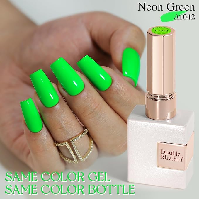 Double Rhythm Gel Polish 15ML Jelly Sheer Pastel Light Milky Color Pearl White Bottle 1 PC 0.5 OZ Full Size Nail Art Salon at Home (Neon Green-D1042)