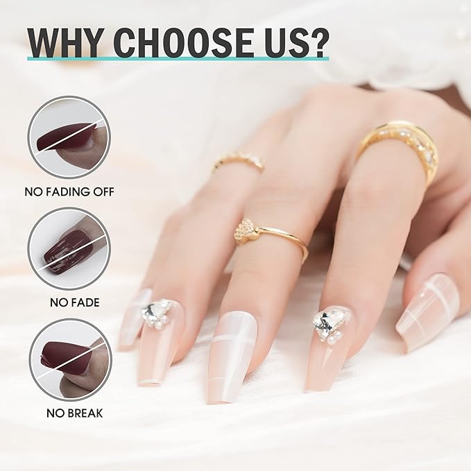 Press on Nails with Heart Big Rhinestones, Luxury Nude French Coffin Stick on Nails with Clear Crystal Pearl Coffin Nails