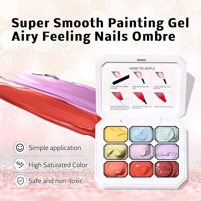 Karroy Christmas Gel Polish, 9 Colors Ombre Patting Gel Nail Polish Palette, 100 Sponges 6 Brushes 1Grabber, Blending Color Gradient Painting Nails Art, No Wipe, UV/LED Cured (Set 01)