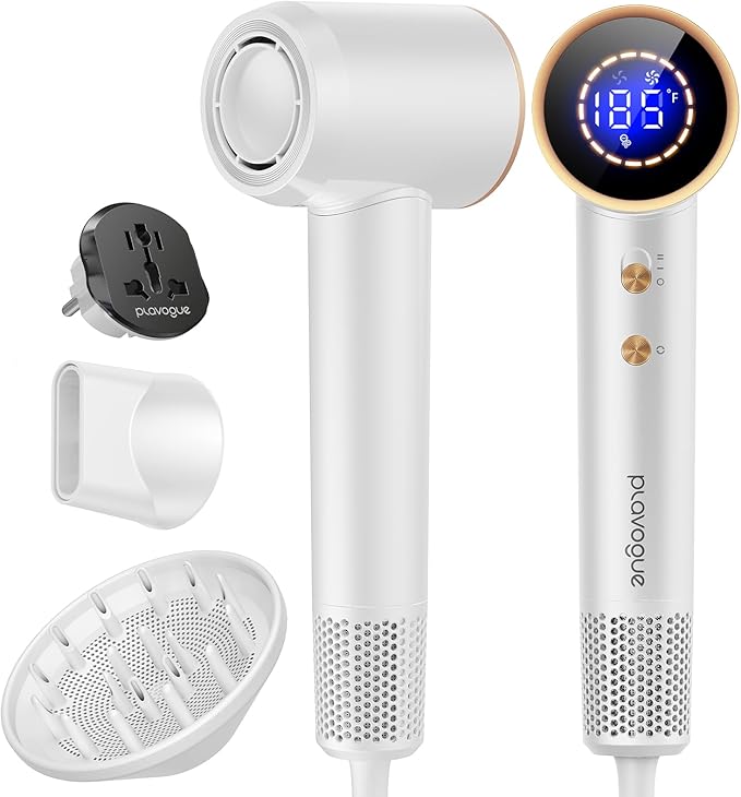 PLAVOGUE Dual Voltage Travel Hair Dryer with Diffuser, High-Speed Ionic Blow Dryer for Women, Fast Drying, Low Noise, Lightweight, No Heat Damage, European Travel 110V-120V/220V-240V