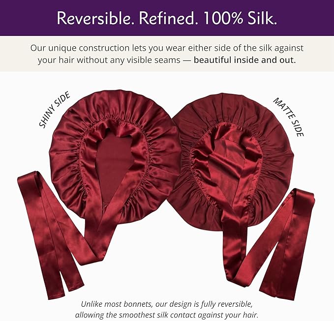 100% Mulberry Silk Hair Sleep Bonnet - Reversible Sleep Bonnet for Women, Wide Band Adjustable Tie, Night Cap for Curly Hair