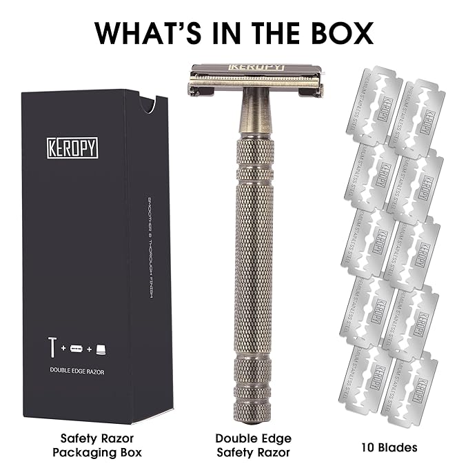 Premium Brass Double Edge Safety Razor Kit, Heavy Duty Anti-Rust Shaver for Classic Wet Shave - Luxury Shaving Gift for Him, Dad - High-End Reusable Razor Set - Bronze