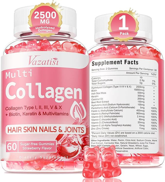 Collagen Peptide Gummies for Women & Men Sugar Free, Hydrolyzed Collagen with Biotin for Hair Skin Nails Digestion, Multi Collagen Protein Type I II III V X with Hyaluronic Acid & Vitamin C, 60 Count