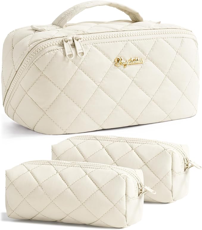 Travel Makeup Bag, 3 Pcs Large Capacity Puffy Toiletry Bag for Women, Open Flat Make up Cosmetic Organizer w/Handle & Clear Divider Water-resistant Portable Pouch Travel Essentials, M-Cream White