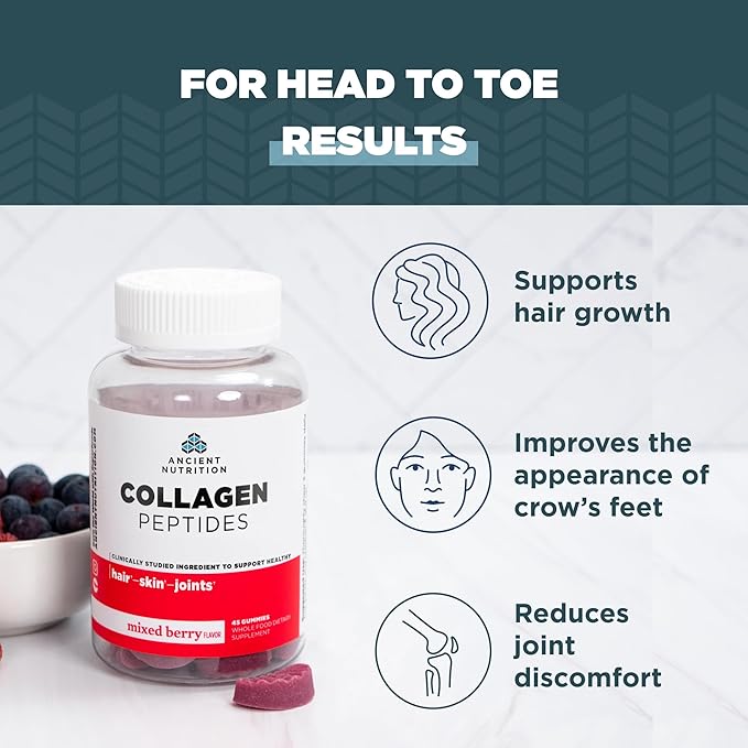 Ancient Nutrition Collagen Peptides Gummies, Collagen Peptides Mixed Berry Chewable Gummies, Supports Healthy Skin, Joints, Gut, Keto and Paleo Friendly, 45 Count, 500mg Collagen per Serving