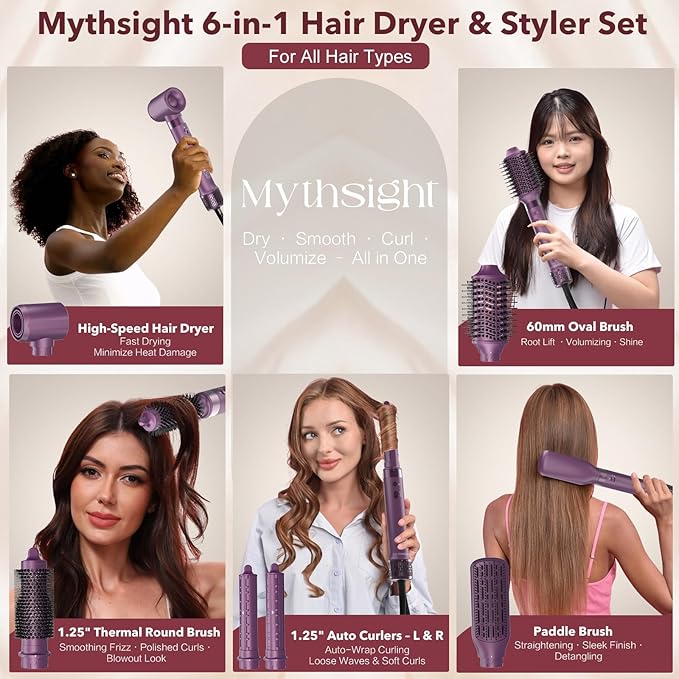 Mythsight StyleVibe 6-in-1 Air Styler, Hair Dryer & Blow Dryer Brush with Travel Case - Auto Wrap Curls (L/R), Fast Drying, Thermal Round Brush for Smooth Blowouts & Frizz-Free Volume, No Heat Damage