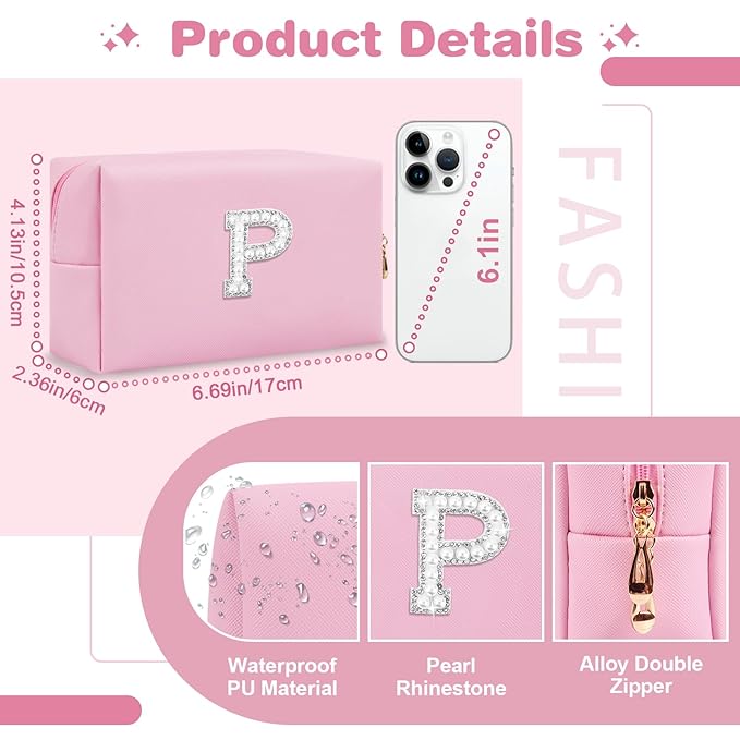 ChaoGreat Bride Gifts – Personalized Initial Makeup Bag with Pearl Rhinestone Patch, Preppy Pink Monogram Cosmetic/Toiletry Pouch, bridesmaid Gifts, Bridal Shower Gifts, Wedding Gifts, Bridal Gifts,P