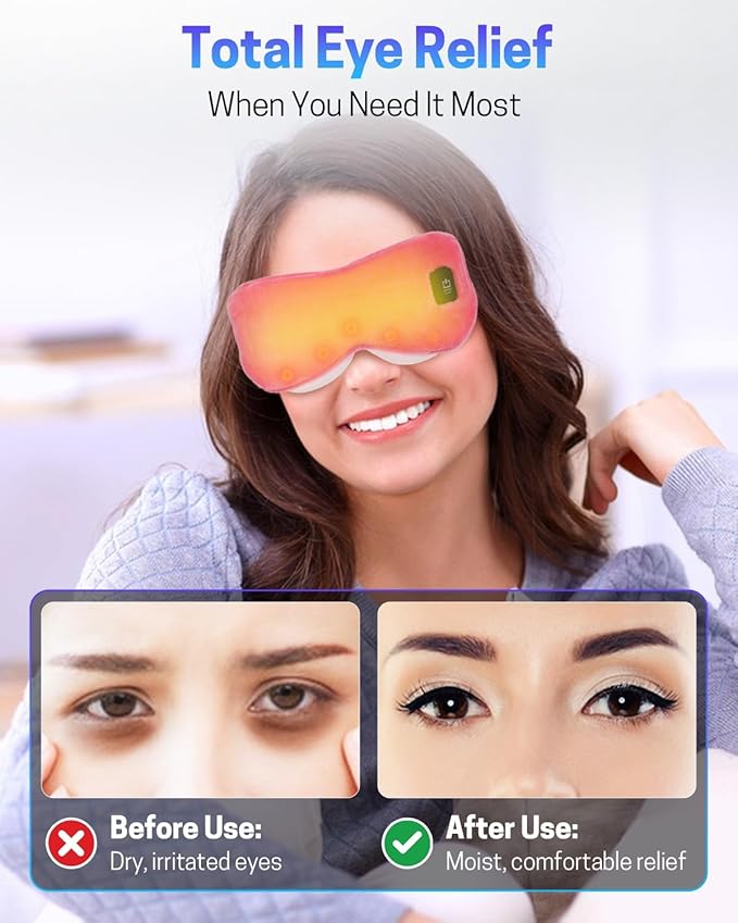 Heated Eye Mask for Dry Eyes, Stye Relief and Improved Sleep - Cordless Rechargeable Warm Compress with Graphene Heating, 3 Temp Settings, Auto Shut-Off, Washable Sleep Mask for Travel