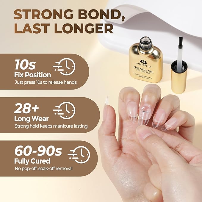 UNA GELLA 9 in 1 Gel Nail Glue for Clear Acrylic Nails Tips 2Pcs 10ml Long Lasting Super Strong Brush on Nail Gel Glue for False Press on Nails Tips Base Blooming Gel, U V Light Required