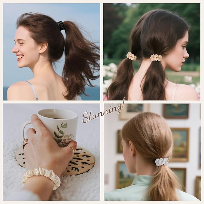 LULUSILK Small Silk Hair Ties No Damage, 100% Real Mulberry Silk, Skinny Scrunchies Ponytail Holders for Thin Fine Hair, Ivory, Pack of 3