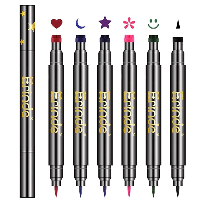 Erinde 6 Colors Liquid Winged Eyeliner Stamp Pen Set, Double-Ended Black Red Green Purple Blue Eye Liner Pencil, Long-lasting Waterproof Stamp Eyeliner Set for Eye Face Makeup
