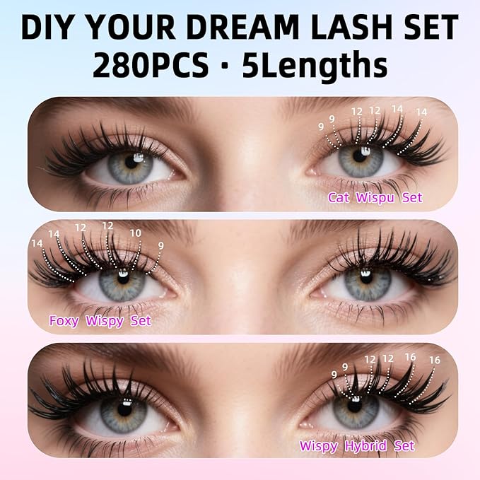 Kraeci Lash Extension Kit DIY with Adhesive Remover for Safe Removal, 280 Clusters 9-16mm, 30D/40D Volumes, Bond Glue, Sealant, Tweezers, Home Use Eyelash Starter Kit