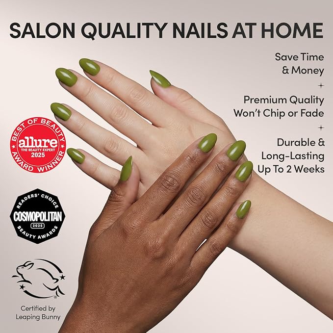 Glamnetic Press On Nails - Moss Green | Opaque Earthy Green Short Oval Fake Nails, Salon Quality | 15 Sizes - 30 Nail Kit