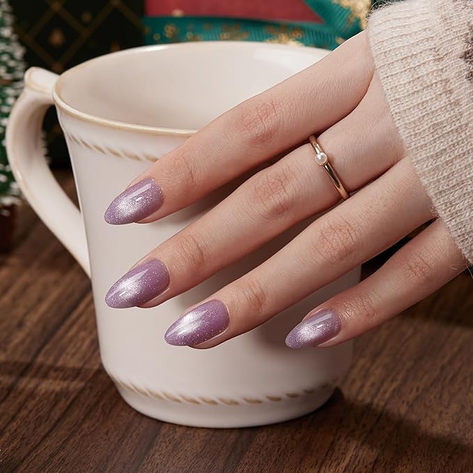 VSALON Press On Nails Short Almond, Purple Cat Eye Glitter Holographic Nails Kit, Reusable Opaque Soft Gel Glue Fake Nails with Glue & Cuticle Oil - 32 PCS in 16 Sizes Valentines Gift for Women
