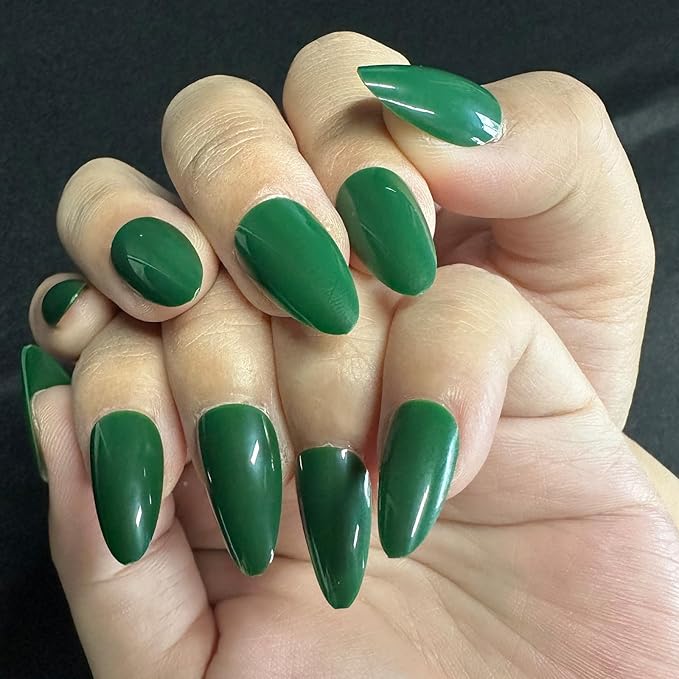 JONKASIPA Press On Nails (Short) - Dark Green Press-On Nails, French Oval False Nails with Nail Glue, Reusable Stick-On Nails, 24 Pcs Nail Set