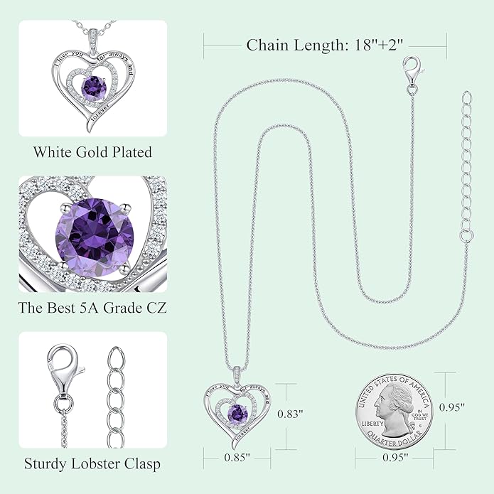 S925 Sterling Silver Necklace for Women, Valentines Day Gifts for Her, Love Heart Birthstone Necklaces for Women, Wife Jewelry, Mom Birthday Valentines Mothers Day Gifts, Girlfriend Necklaces, Daughter Heart Jewel, Anniversary for Her