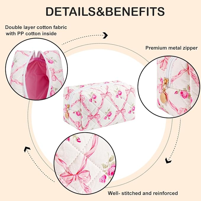 Cute Floral Makeup Bag Small Cotton Quilted Cosmetic Bag, Aesthetic Essential Bag Emergency Bag Gift for Women Girls Travel Accessories (Pink Bowknot Rose)