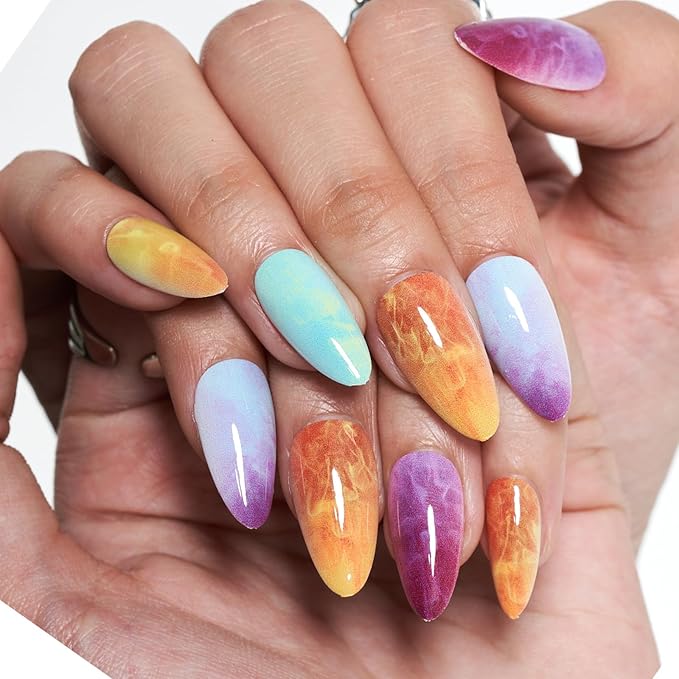GLAMERMAID Press on Nails Medium Almond, Colorful Ombre French Tip Gel Glue on Nail, Glossy Short Stiletto Reusable UV Finish Fake Nails Acrylic False Nails Manicure Kits for Women