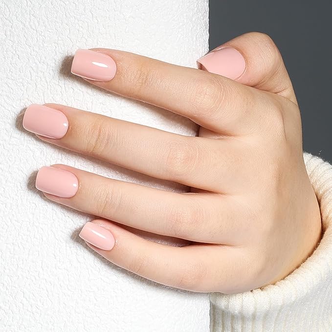 Leefrei Press on Nails Short - Square Nails Press ons for Women, Reusable Glossy Nude Pink Glue On Nails 30 Pcs 15 Sizes Fake Nails Kit with Glue, Soft Blush