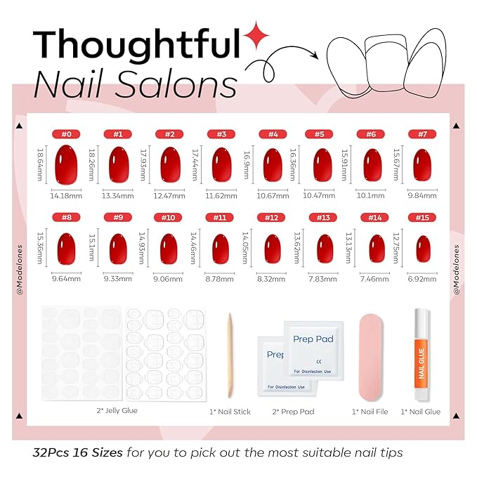 modelones Sheer Red Short Press on Nails, Semi-Transparent Oval Fake Nails Kit Press Ons with Nail Glue, Adhesive Tabs, Nail File, Prep Pad, Manicure Stick, 32Pcs 16 Sizes, Valentines