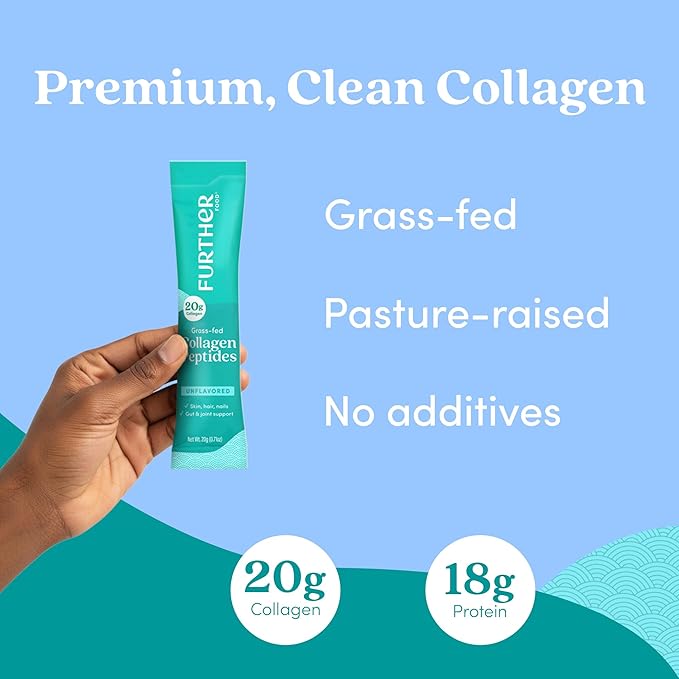 Further Food Unflavored Collagen Peptides Powder Stick Packs - 100% Grass-Fed, Hydrolyzed Type 1 & 3, 20g of Collagen per Serving, Supports Skin, Hair, Nails & Joints, 8.47 Oz