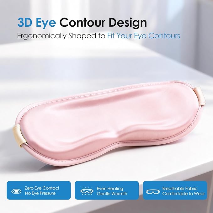 Heated Eye Mask with Massager, 3D Contoured Light-Blocking Sleep Mask for Dry Eyes, LED Display & 3-Level Heat/Vibration Modes,Gift for Men & Women, Ideal for Home, Office & Travel Use (Pink)