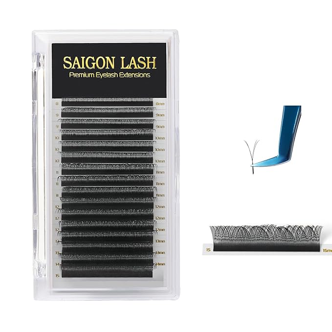 SAIGON LASH YY Eyelash Extensions, Double Split Volume Lashes for Professionals, B C CC D DD Curl, 8-15mm Mixed Length, 0.07 Thickness, Soft Korean PBT Fiber, 16 Rows Tray (YY Lash CC-0.07)