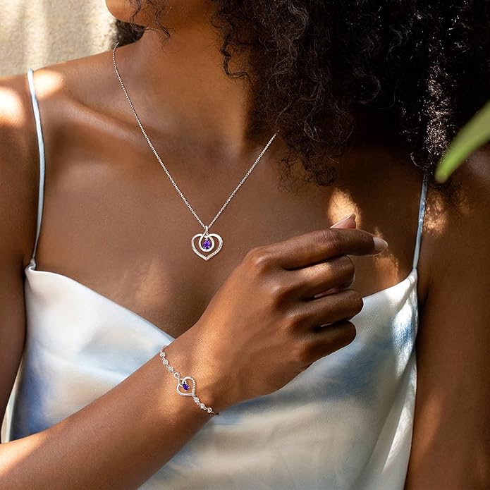 AGVANA Christmas Gifts Heart Birthstone Necklace for Women Sterling Silver Genuine or Created Gemstone Forever Love Pendant Necklace Fine Jewelry Anniversary Birthday Gifts for Women Mom Wife