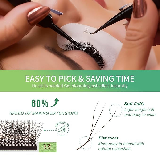 GLAMLASH W Eyelash Extensions 3D Volume Premade Fan Natural Soft Matte Lash Professional Salon Supplies (3D,0.07,D,8-12mm,Brown)