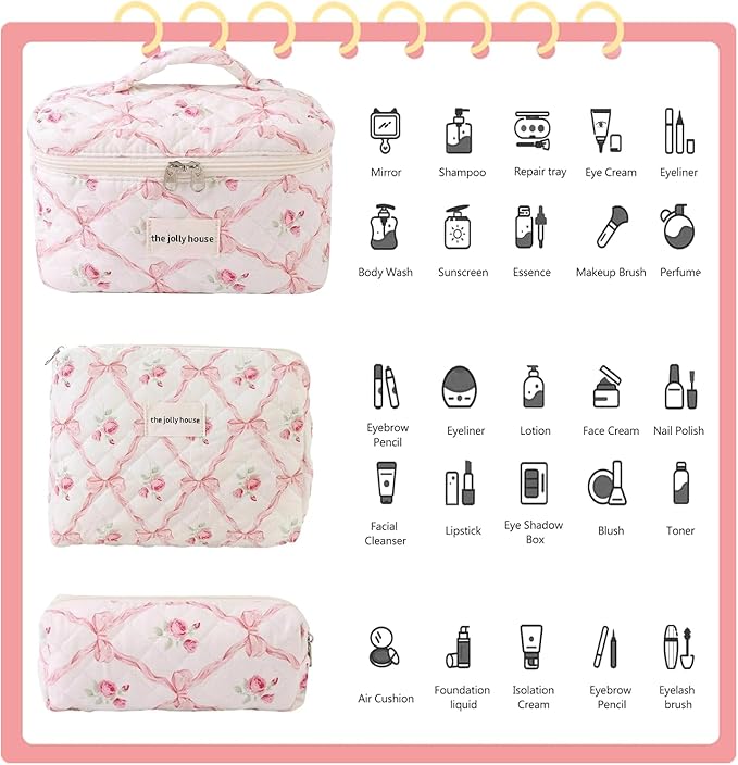 LAKSMI 3PCS Cotton Quilted Floral Makeup Bag Set for Women, Cute Make Up Bags with Brush Pockets, Large Wide-Open Toiletry Pouch Gifts for Toiletries Accessories Travelling Essentials