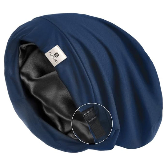 YANIBEST Silk Satin Bonnet Hair Wrap for Sleeping, Adjustable Slouchy Beanie for Women, Silk Lined for Curly Hair and Braids, Dark Blue