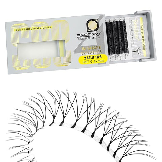 SEEDEW 4D-Double Tips Lash Extensions, 0.07mm C Curl 12mm 12 Rows/Tray, W Shape 4DD Flat Stem, PBT Volume False Eyelashes for Beginner Artist, Lash Tech, Beauty Salon(4DD-Matte Black-0.07-C-12mm)