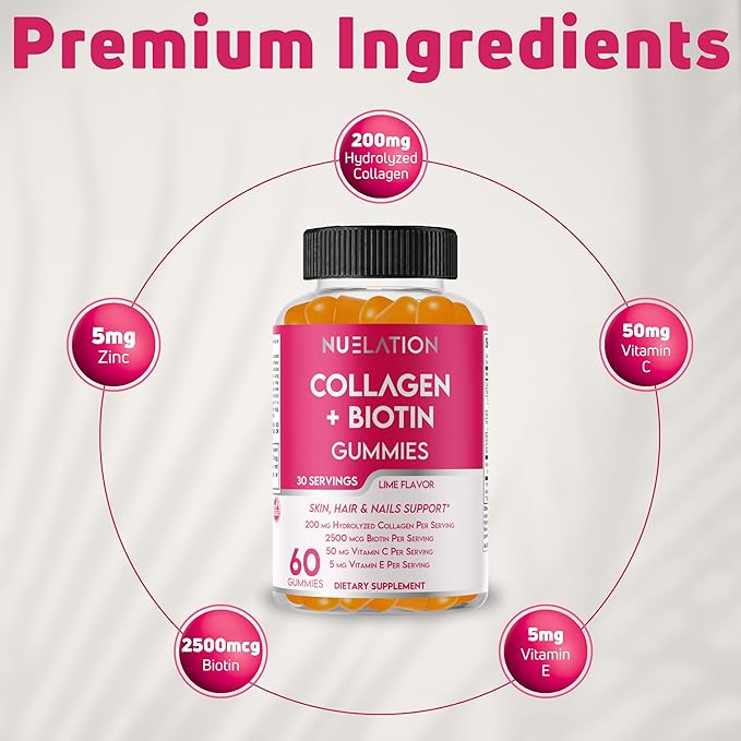 NUELATION 200mg Hydrolyzed Gummy Collagen for Women & Men. 2500mcg Biotin Gummies with 5mg Vitamin E, 50mg Vitamin C & 5mg Zinc. Gluten-Free, Non-GMO, Keto Friendly Adult Biotin and Collagen Vitamins